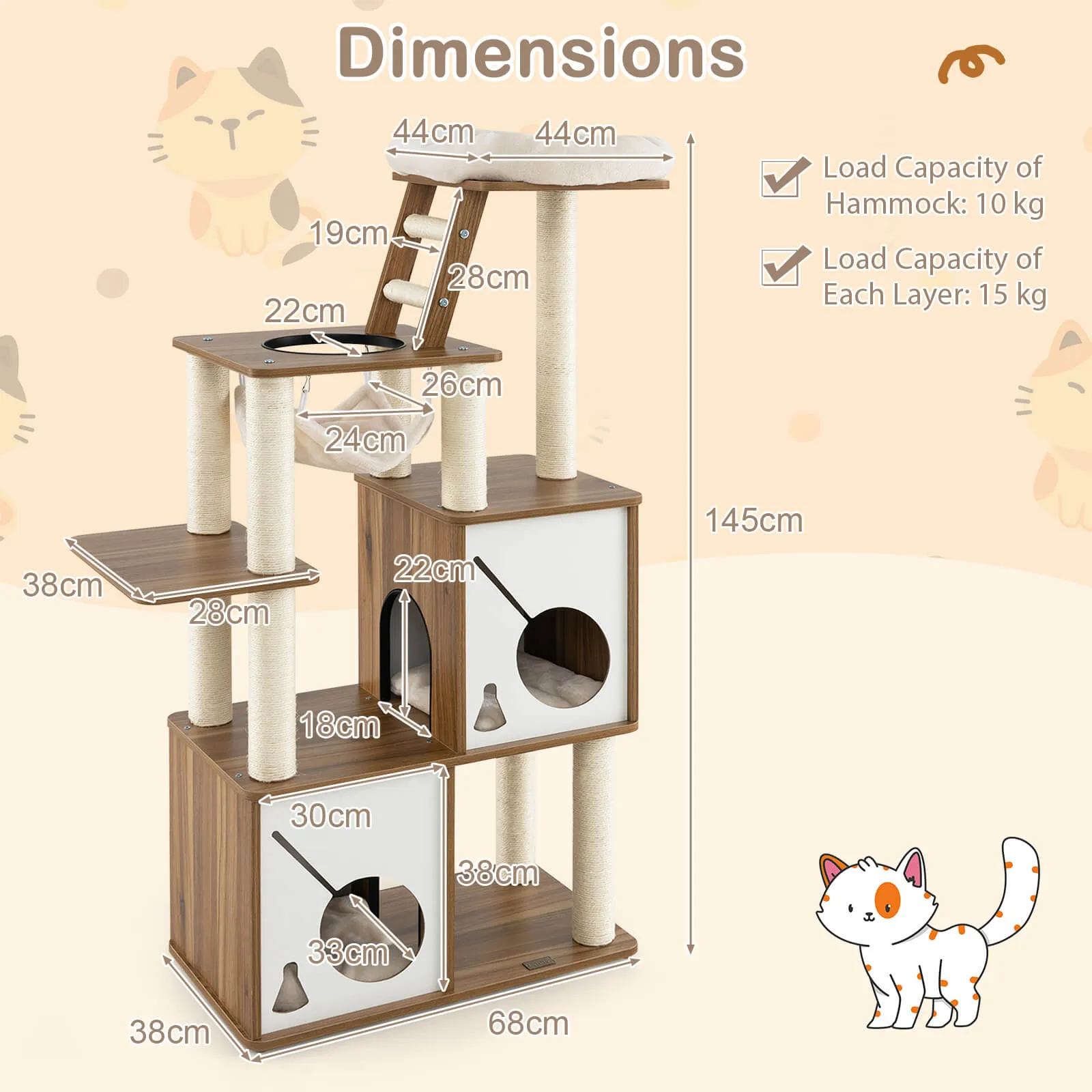 145cm Cat Tree Tower Multi-Level with Scratching Posts and 2 Condos-Natural