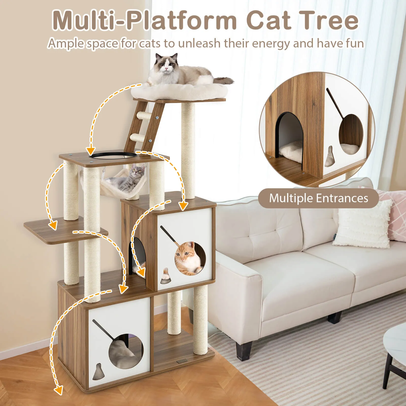145cm Cat Tree Tower Multi-Level with Scratching Posts and 2 Condos-Natural