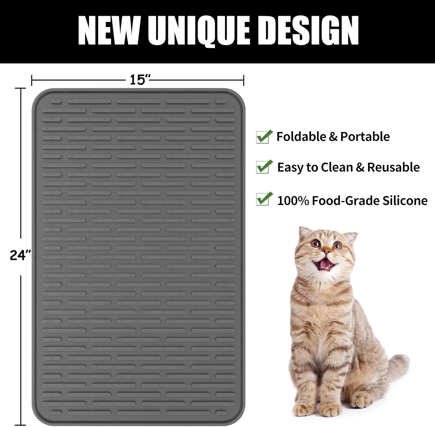 24"x15" Silicone Cat Litter Mat, Non-Slip Waterproof Litter Trapping Mat for Under Litter Box, Kitty Litter Catcher to Keep Floors Clean, Durable Easy to Clean Mat for Cats (Dark Gray)