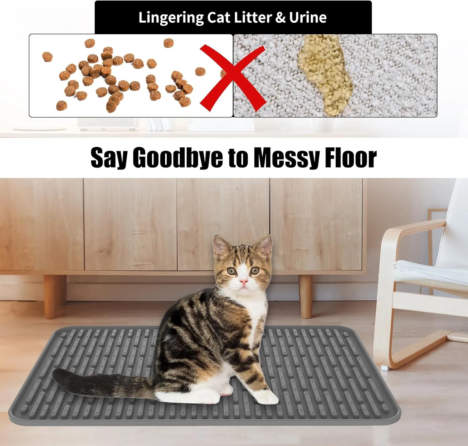 24"x15" Silicone Cat Litter Mat, Non-Slip Waterproof Litter Trapping Mat for Under Litter Box, Kitty Litter Catcher to Keep Floors Clean, Durable Easy to Clean Mat for Cats (Dark Gray)