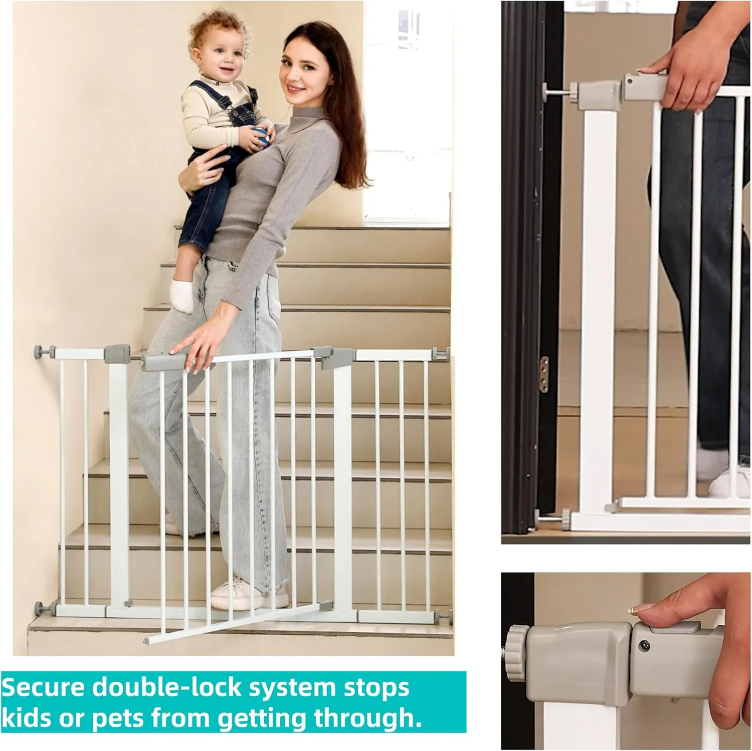 29"-57" Baby and Pet Safety Gate, 30" Tall Metal Walk-Thru Gate for Doorways & Stairs, Easy One-Hand Open, Dual Lock, Extensions & Wall Mounts Included (Brown, 29"-57" W x 30.5H)