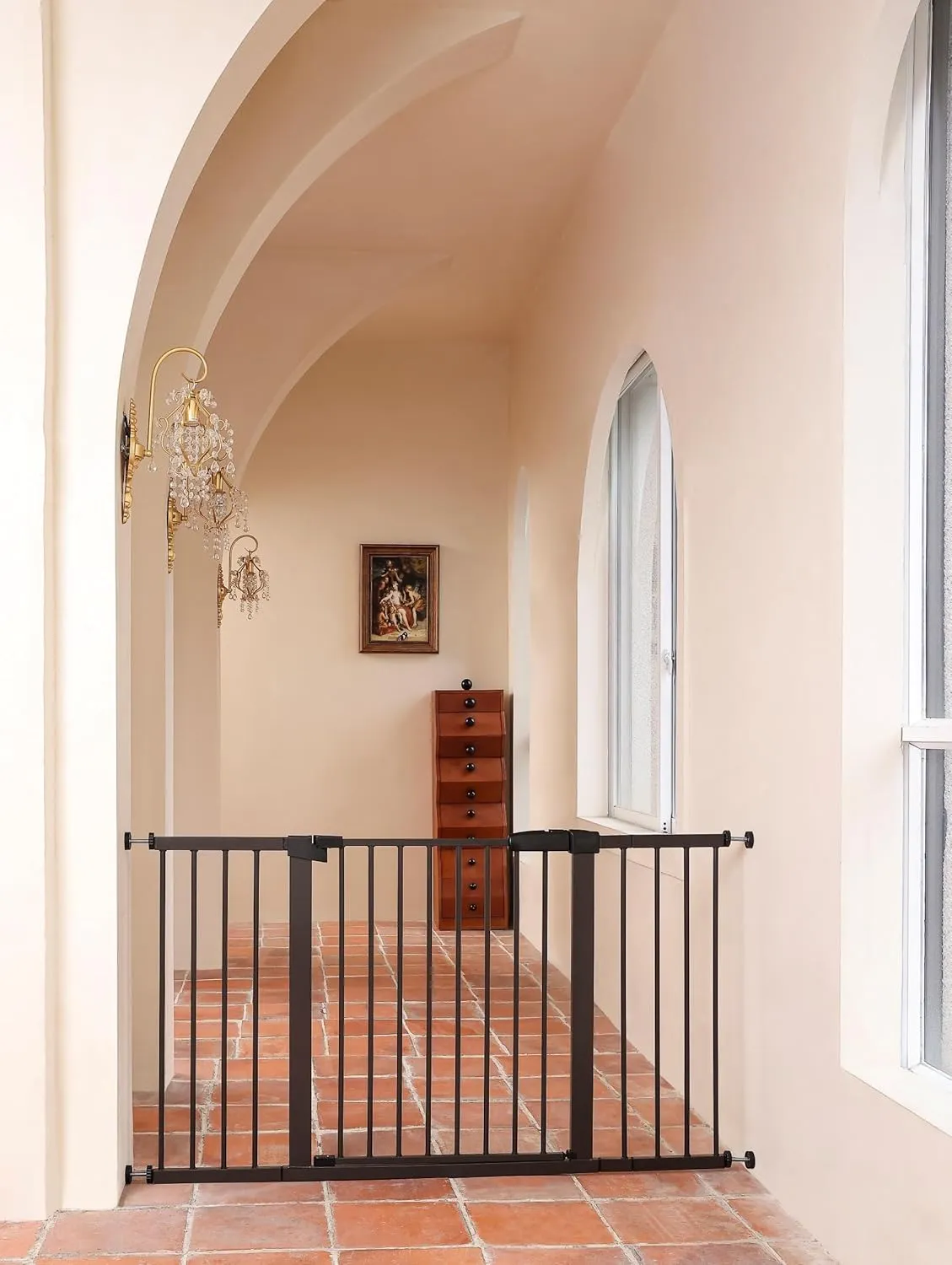 29"-57" Baby and Pet Safety Gate, 30" Tall Metal Walk-Thru Gate for Doorways & Stairs, Easy One-Hand Open, Dual Lock, Extensions & Wall Mounts Included (Brown, 29"-57" W x 30.5H)