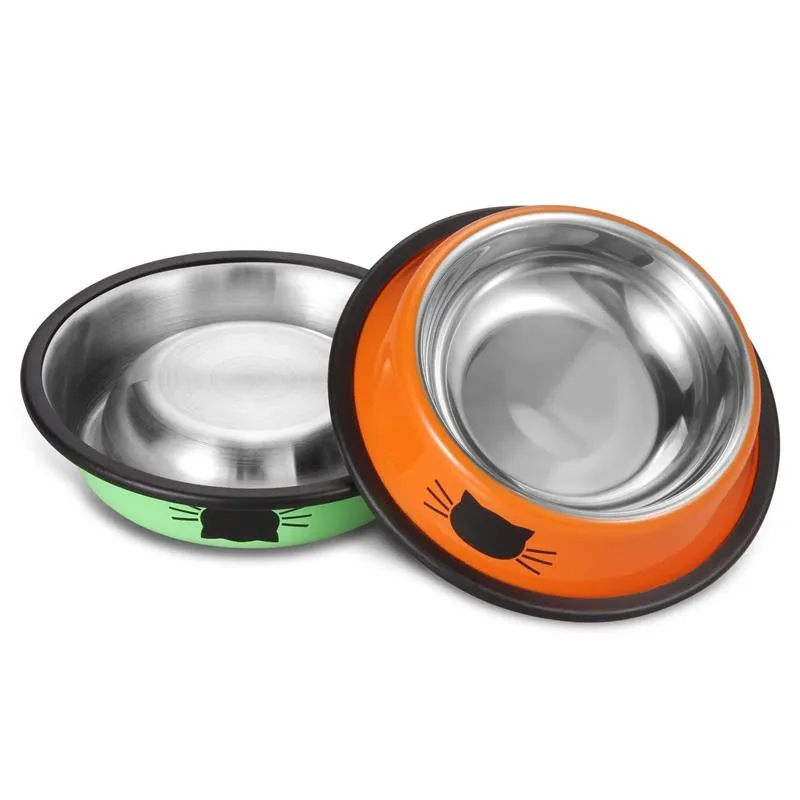 2PCS Pet Bowls Stainless Steel Orange Green Dog Cat Food Bowl Water Dish With Non-Skid Rubber Hoop Cat Kitty'S Puppy Bowl