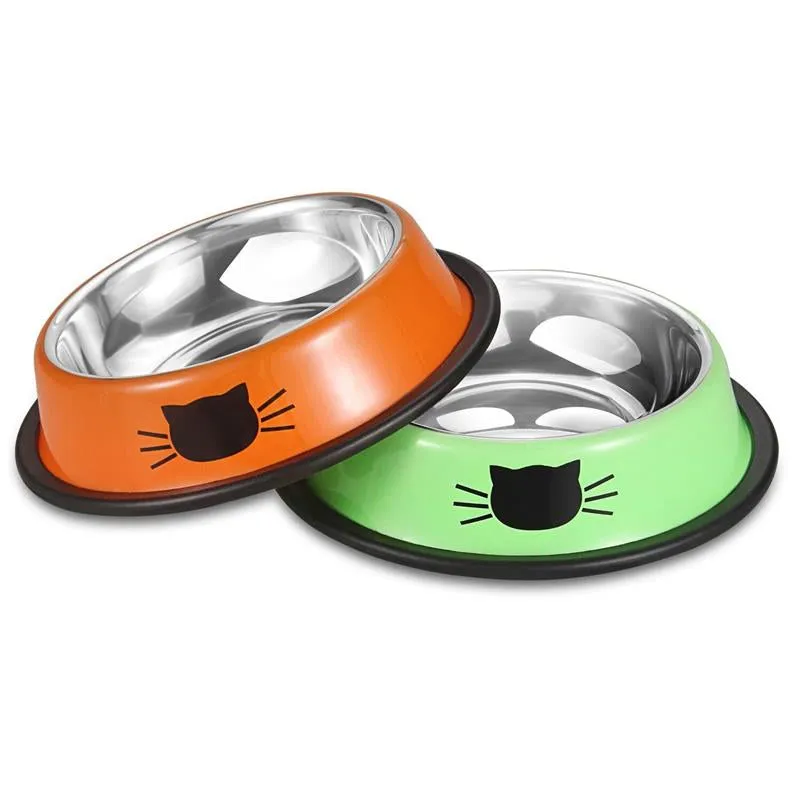 2PCS Pet Bowls Stainless Steel Orange Green Dog Cat Food Bowl Water Dish With Non-Skid Rubber Hoop Cat Kitty'S Puppy Bowl