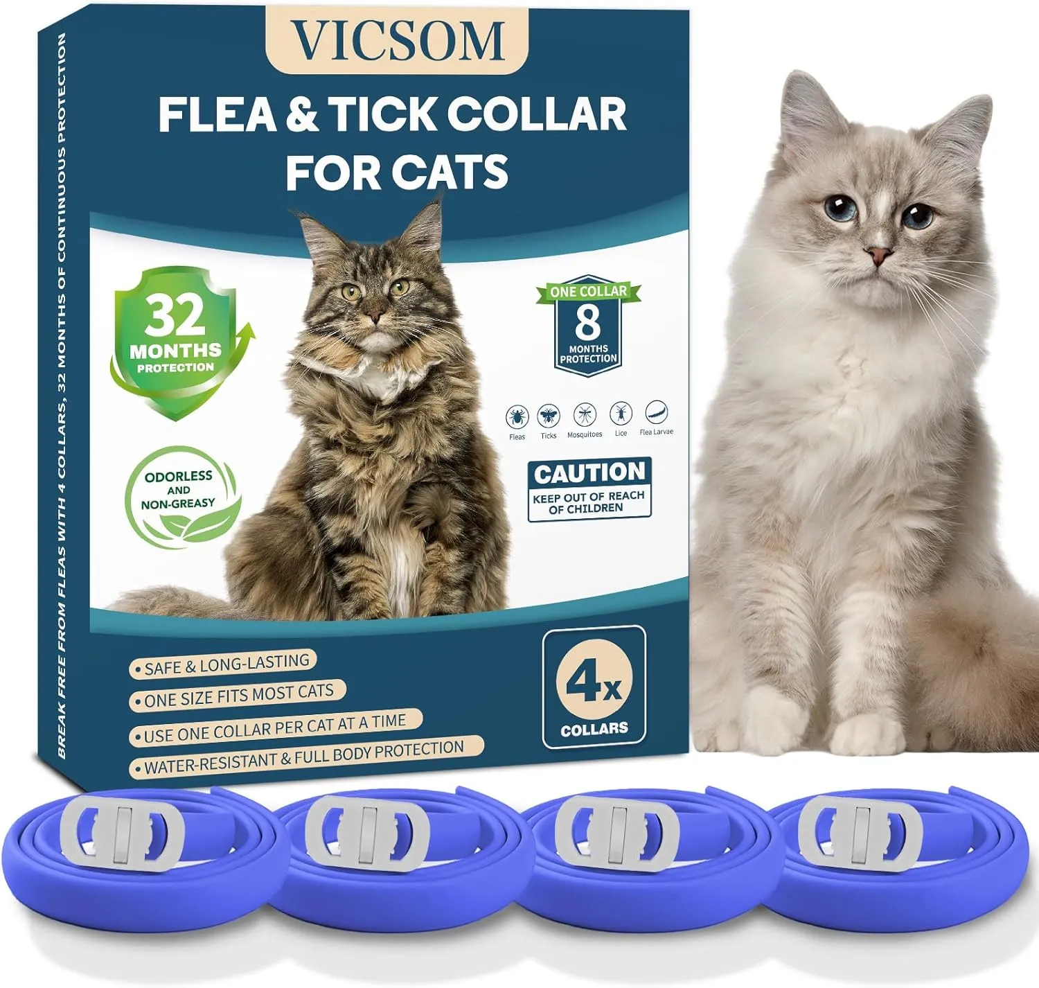 4 Pack Cat Flea Collar - Flea Collar for Cats Adjustable, Waterproof Flea and Tick Prevention for Cats and Kittens - 32 Months Protection - Flea and Tick Treatment - Blue