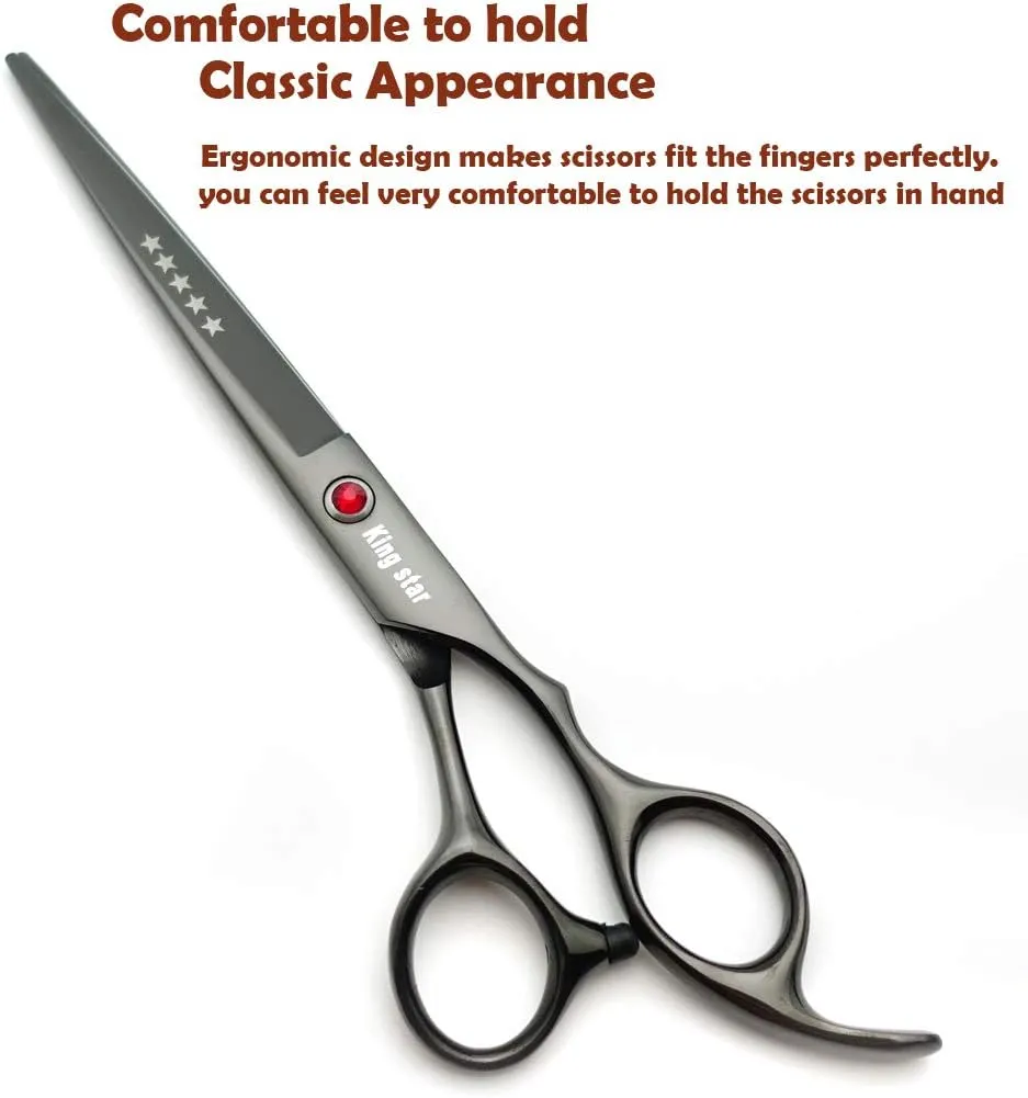 7.0in Titanium Professional dog Grooming Scissors set,Straight & Thinning & Curved scissors 4pcs set for Dog grooming Bright Black With Comb