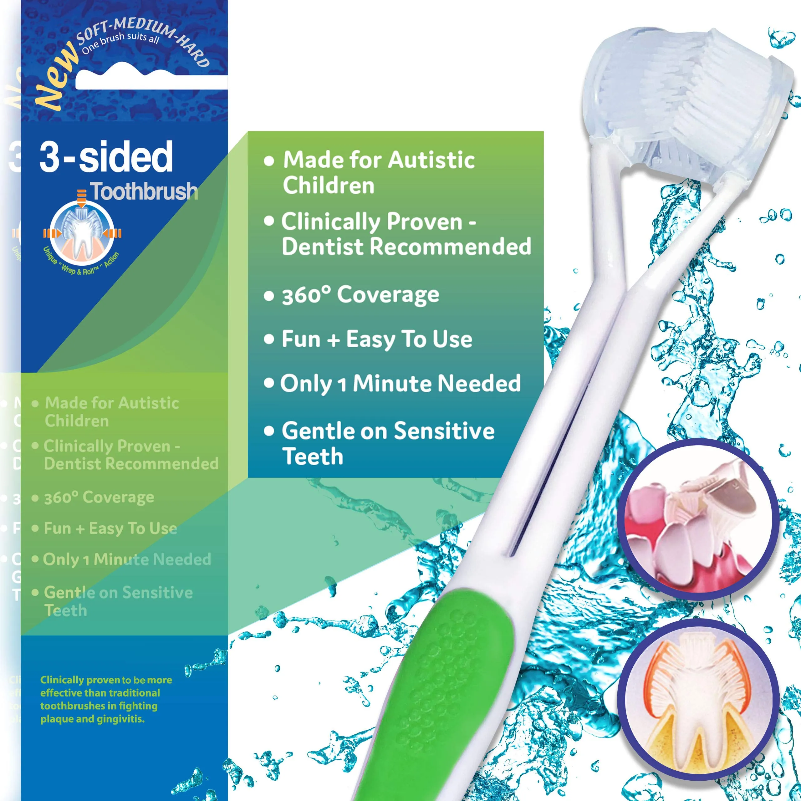 bA1 Sensory - 3 Sided Autism Toothbrush for Special Needs Kids (Soft/Gentle) - Clinically Proven, Fun, Easy - Only 1 Minute