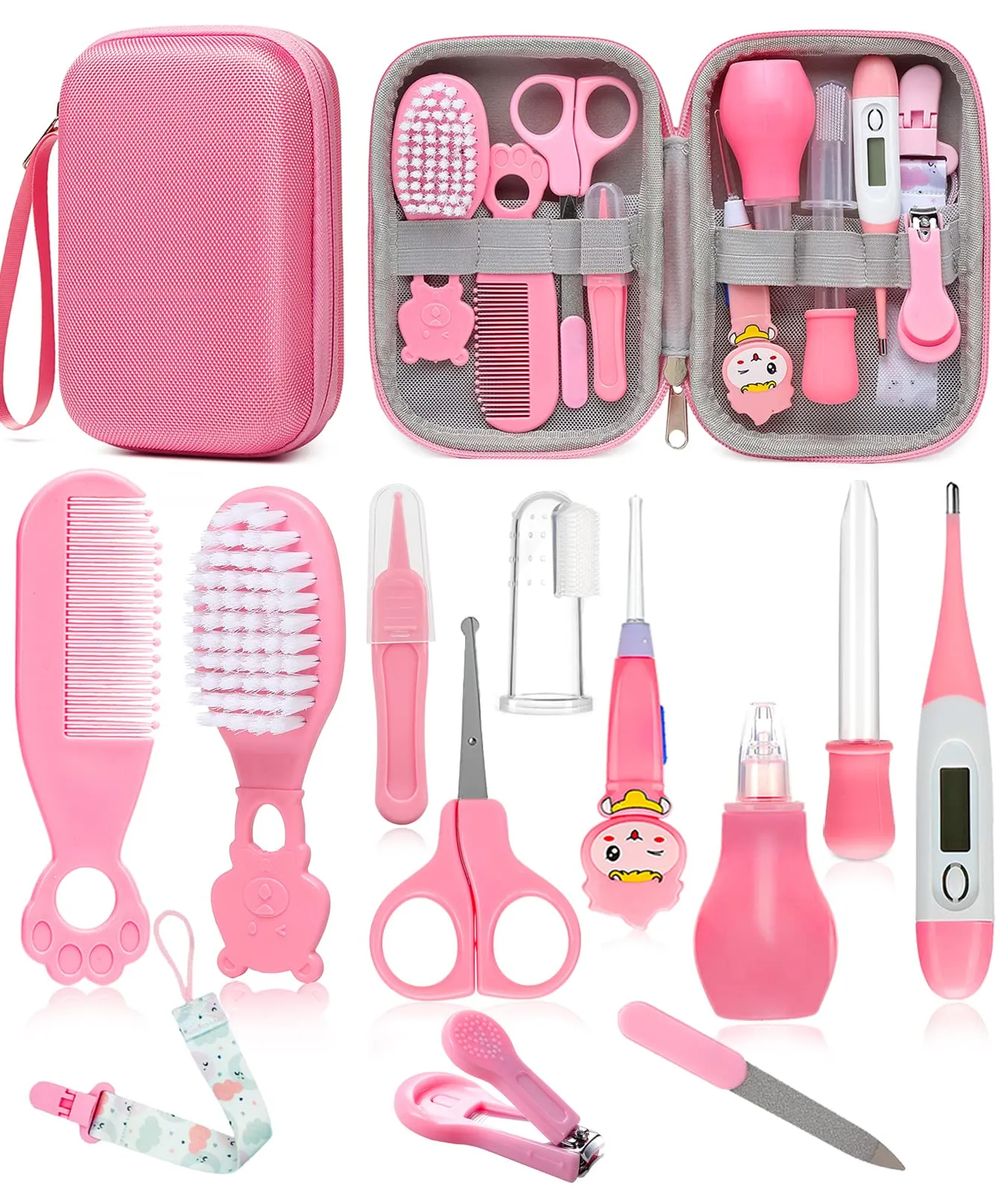 Baby Healthcare and Grooming Kit, Safety Newborn Nursery Care Set, with Hair Brush Comb, Nail Clipper, Thermometer, Pacifier Clip, Nasal Aspirator for Newborn Infant Baby Girls Boys (Pink.) Pink