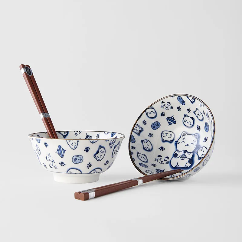 Bowl Set with Chopsticks 2pcs Maneki Cat Blue