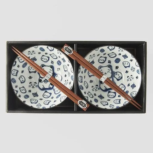 Bowl Set with Chopsticks 2pcs Maneki Cat Blue