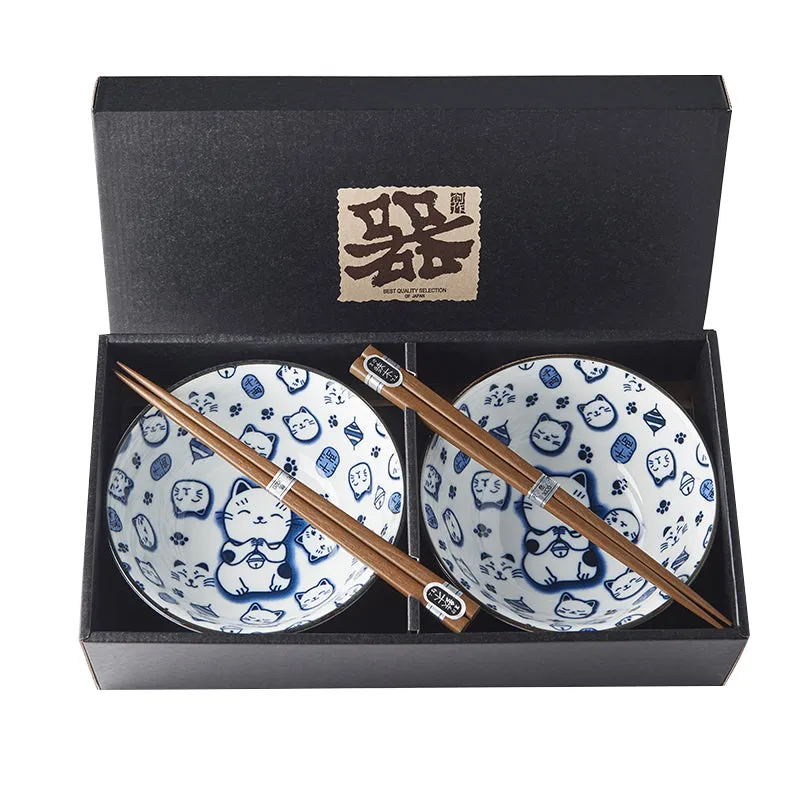 Bowl Set with Chopsticks 2pcs Maneki Cat Blue