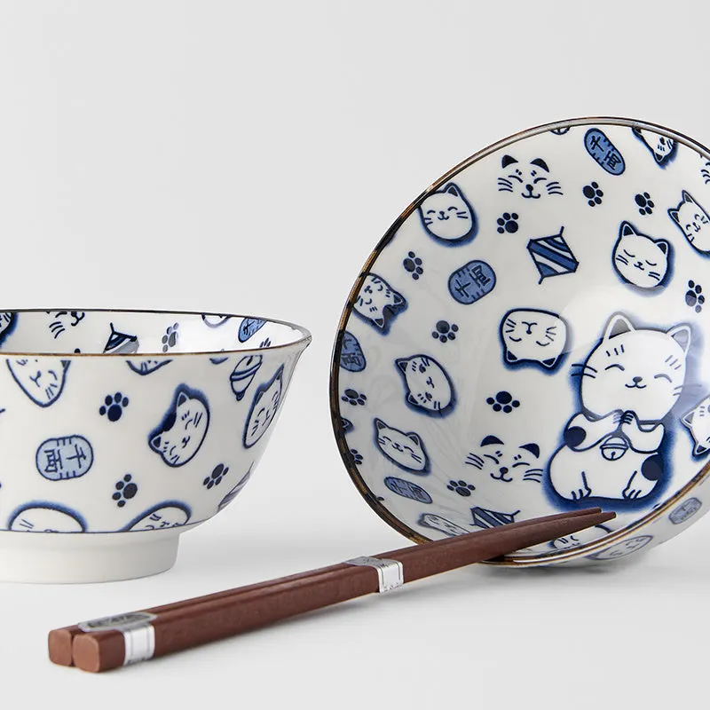 Bowl Set with Chopsticks 2pcs Maneki Cat Blue