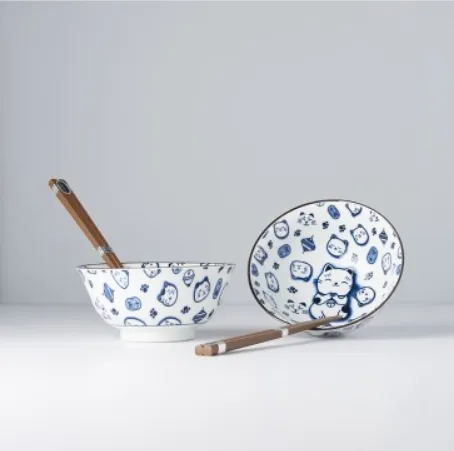 Bowl Set with Chopsticks 2pcs Maneki Cat Blue