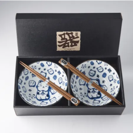 Bowl Set with Chopsticks 2pcs Maneki Cat Blue