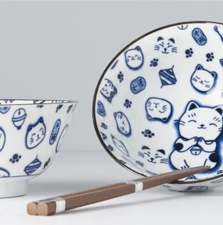 Bowl Set with Chopsticks 2pcs Maneki Cat Blue
