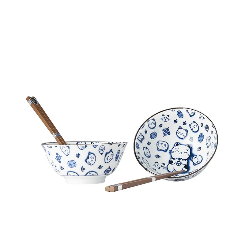 Bowl Set with Chopsticks 2pcs Maneki Cat Blue