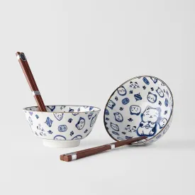 Bowl Set with Chopsticks 2pcs Maneki Cat Blue