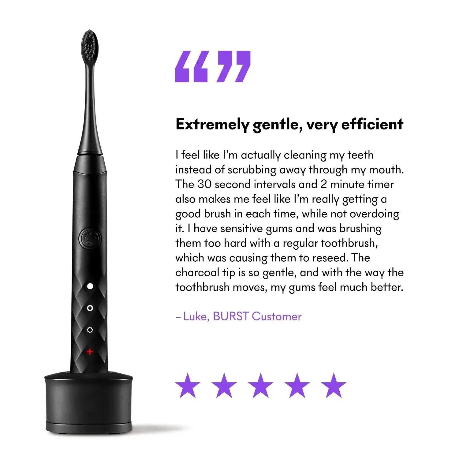 BURST Electric Toothbrush with Charcoal Sonic Toothbrush Head, Deep Clean, Fresh Breath & Healthier Smile, 3 Modes - Whitening, Sensitive, Massage, Black [Packaging May Vary]