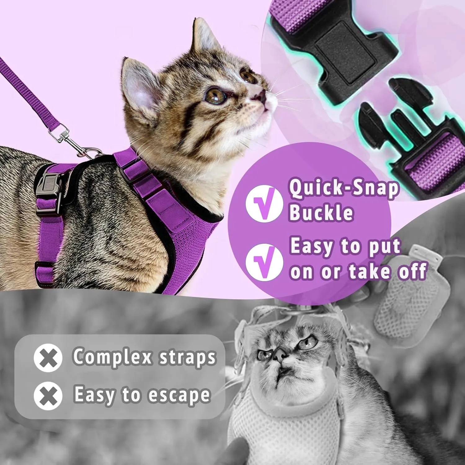 Cat Harness and Leash Set,Escape Proof Adjustable Cat Harness,Soft and Breathable Kitten Harness and Leash with Reflective Strips for Walking and Traveling(Black,XS) (Purple, Small(8.9-16.6lb))
