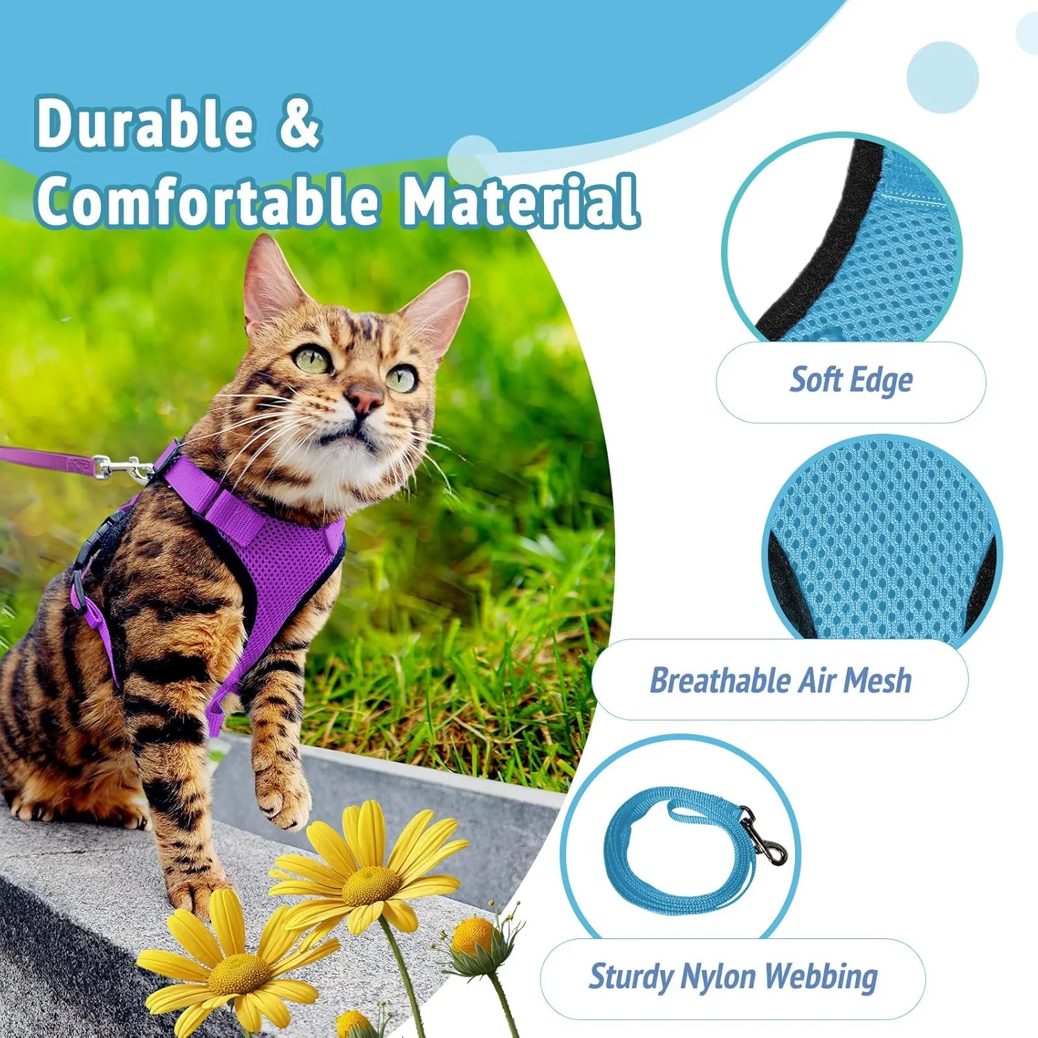 Cat Harness and Leash Set,Escape Proof Adjustable Cat Harness,Soft and Breathable Kitten Harness and Leash with Reflective Strips for Walking and Traveling(Black,XS) (Purple, Small(8.9-16.6lb))