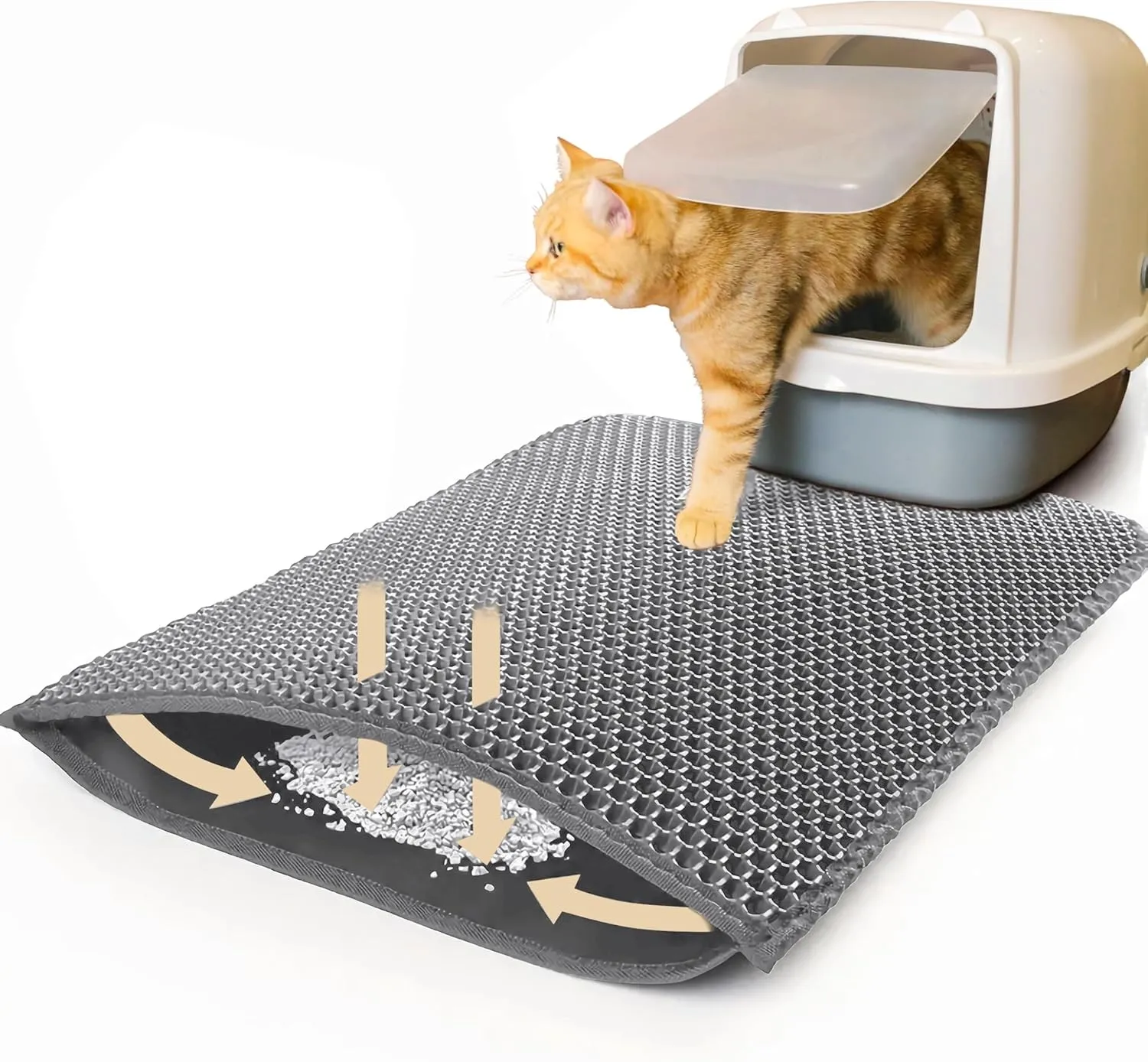 cat litter mat extra large 24 x 36 urine waterproof, washable easy to clean cat litter box mat, honeycomb double layer non-slip litter trapping carpet, grey
