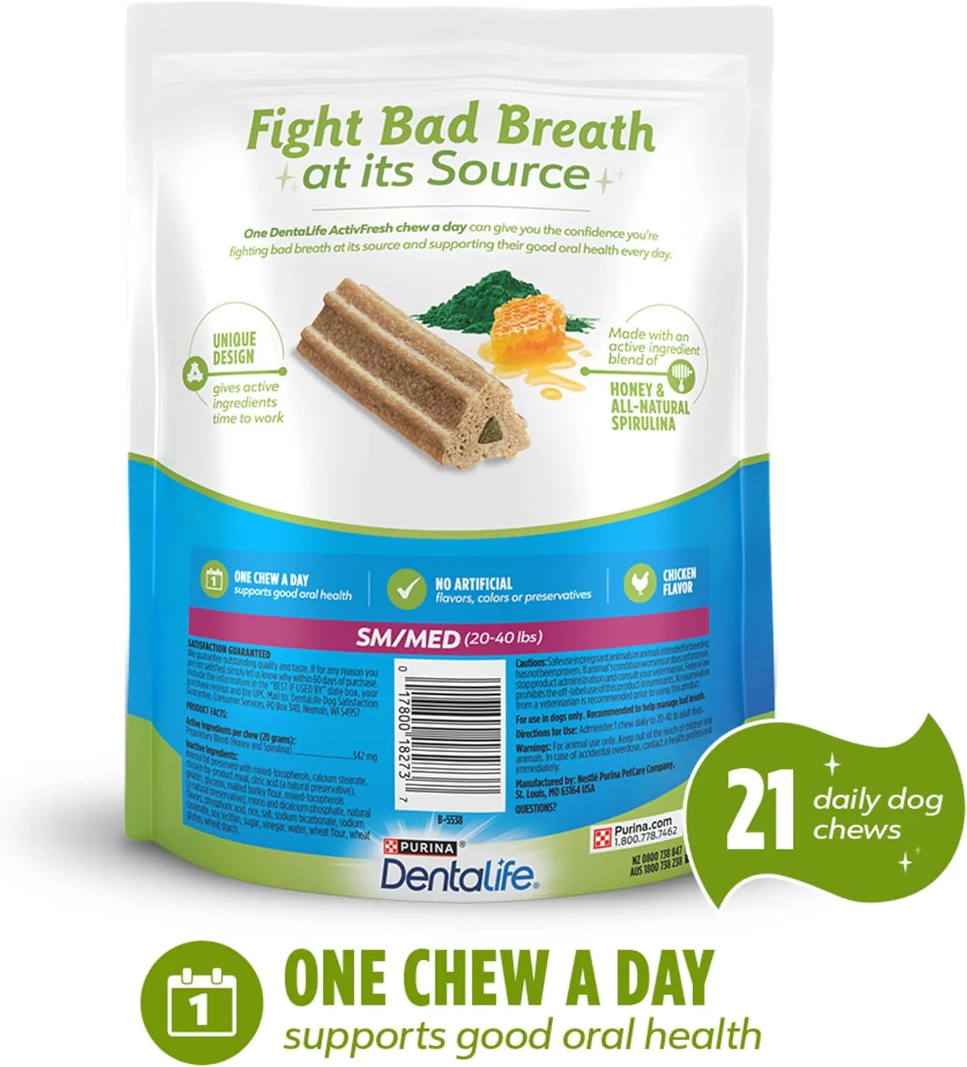 DentaLife ActivFresh Dog Chews for Small and Medium Dogs 20-40 lbs., Dental Chews to Freshen Breath, Chicken Flavor, 15.5 oz., 21 Chews - 21 ct. Pouch