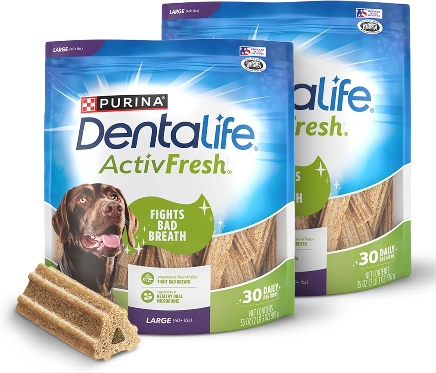 DentaLife ActivFresh Pack of 2 Dog Chews for Large Dogs 40 lbs. and up, Dental Chews to Freshen Breath, Chicken Flavor, 35 oz. each, 30 Chews each/60 Total Chews - 30 ct. Pouch