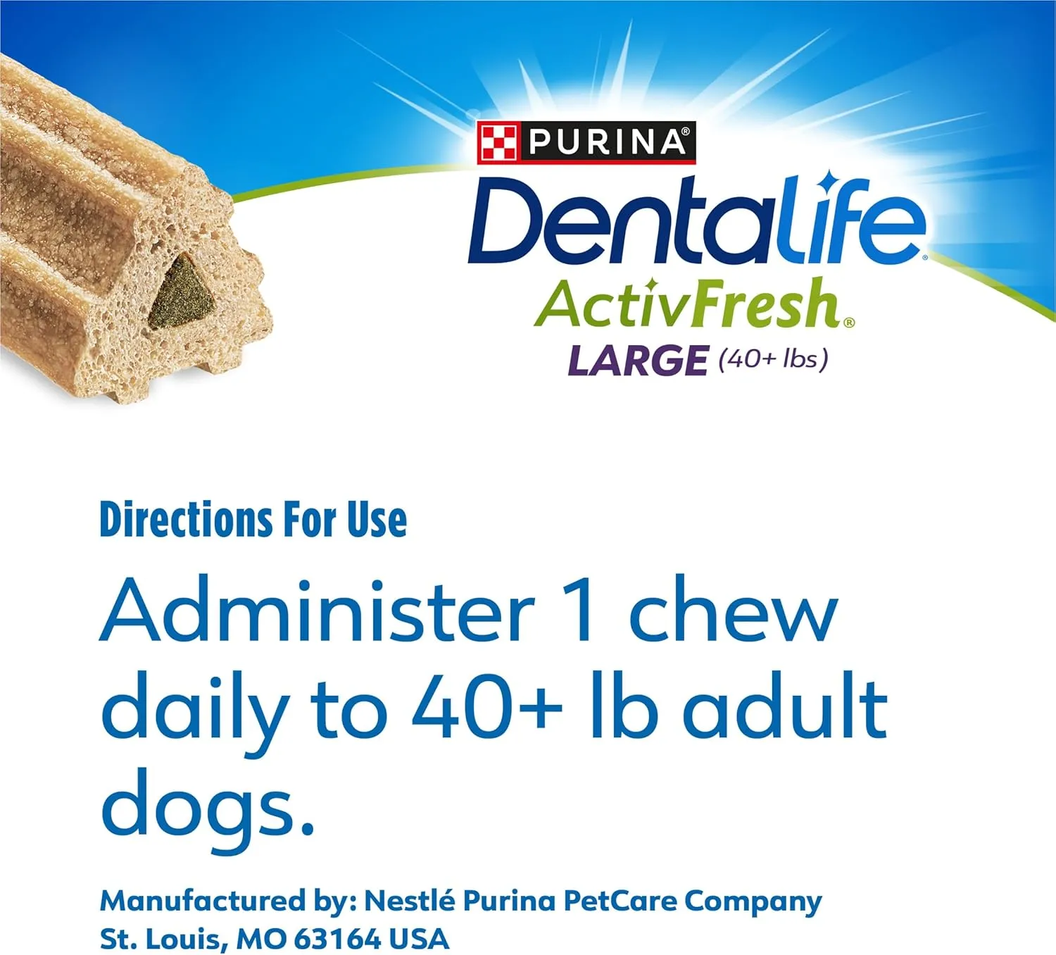 DentaLife ActivFresh Pack of 2 Dog Chews for Large Dogs 40 lbs. and up, Dental Chews to Freshen Breath, Chicken Flavor, 35 oz. each, 30 Chews each/60 Total Chews - 30 ct. Pouch