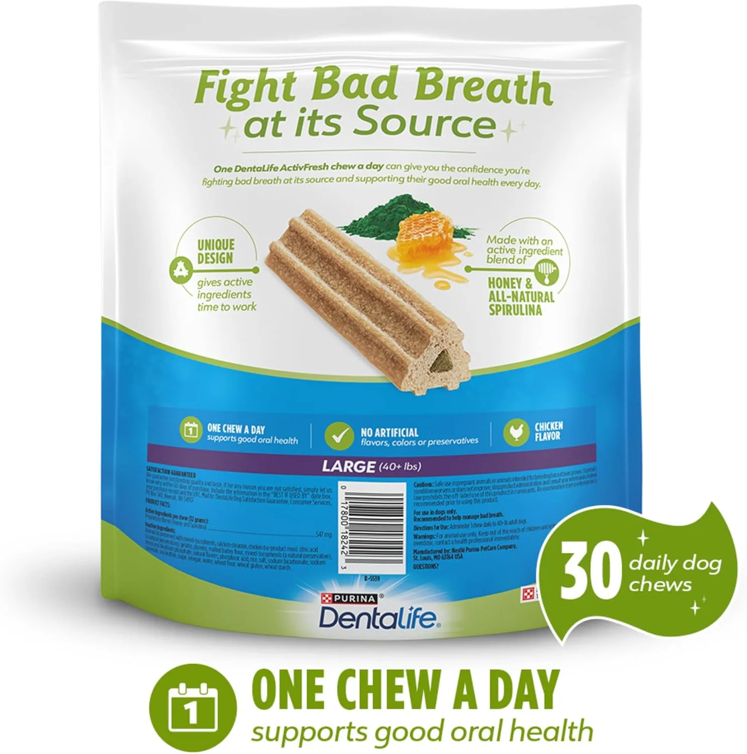 DentaLife ActivFresh Pack of 2 Dog Chews for Large Dogs 40 lbs. and up, Dental Chews to Freshen Breath, Chicken Flavor, 35 oz. each, 30 Chews each/60 Total Chews - 30 ct. Pouch