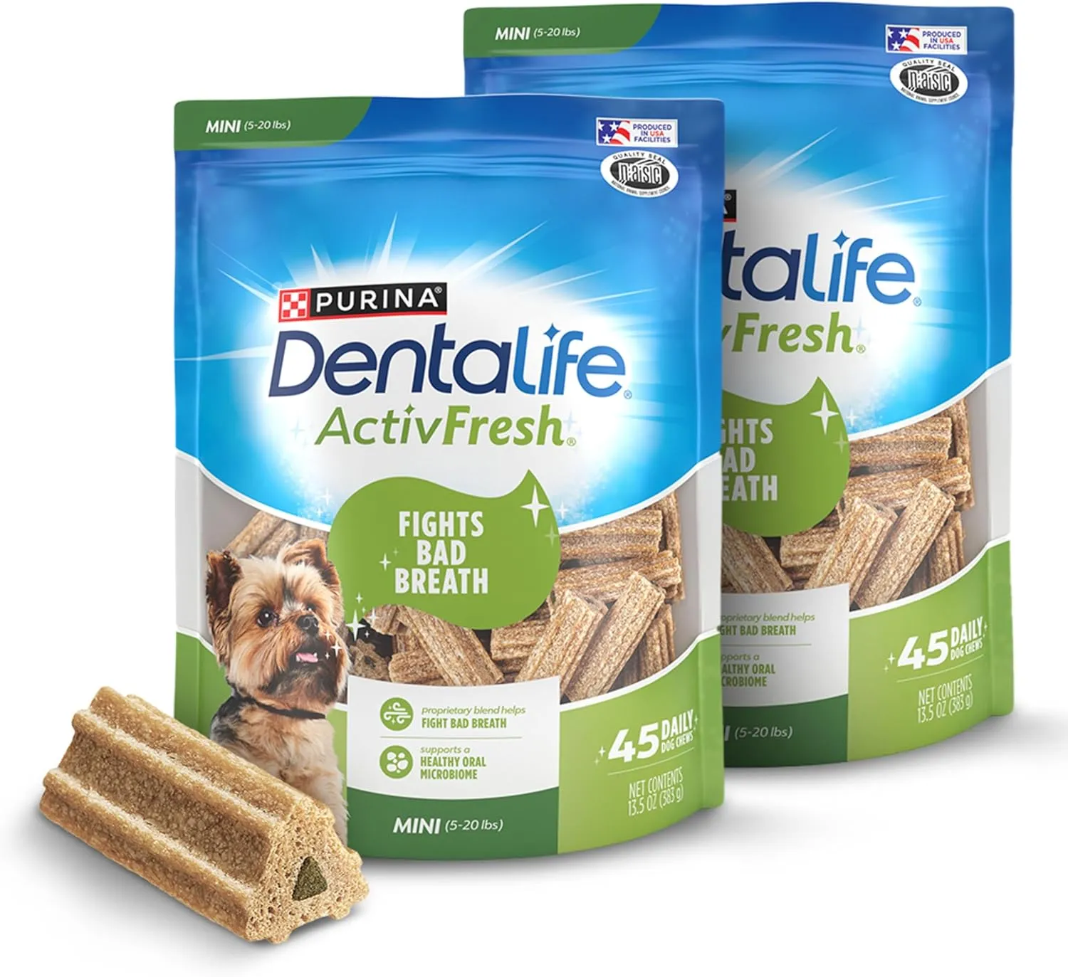 DentaLife ActivFresh Pack of 2 Dog Chews for Small Dogs, Dental Chws to Freshen Breath, Chicken Flavor, 13.5 oz. each, 45 Chws each/90 Total Chews - 45 ct. Pouch