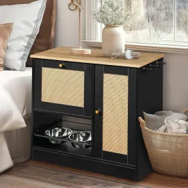 Dog Feeding Station with Storage, Dog Food Storage Pet Feeder Cabinet Container with 2 Elevated Dog Bowls & Rattan Decorated Doors, Wood Hidden Pet Feeder Station for Small Medium Large Dogs