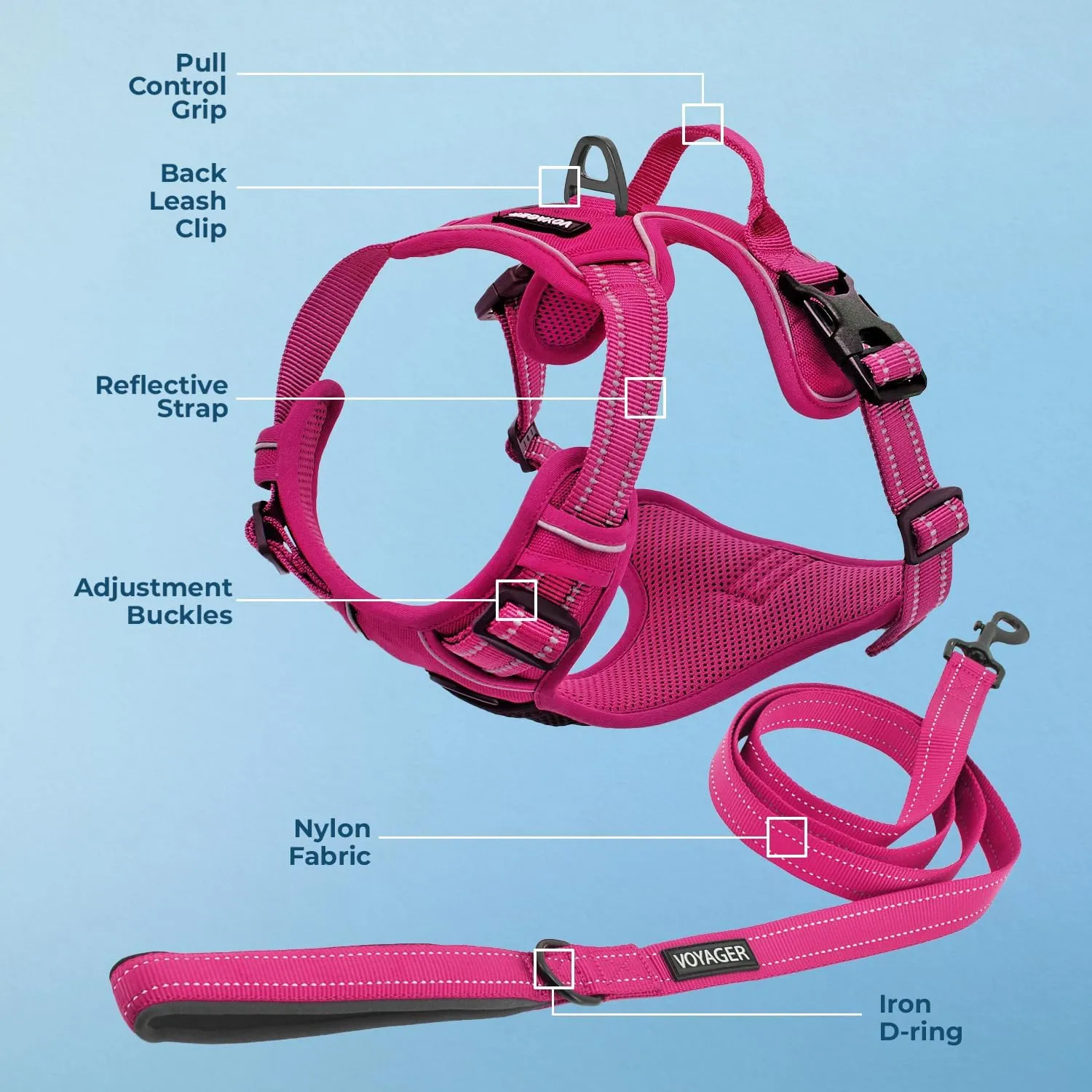 Dog Harness Dual Leash Attachment No-Pull Control Adjustable Soft but Strong Pet Harness for Medium and Large Dogs with 3M Reflective Technology - Harness Leash Set (Fuchsia), XS