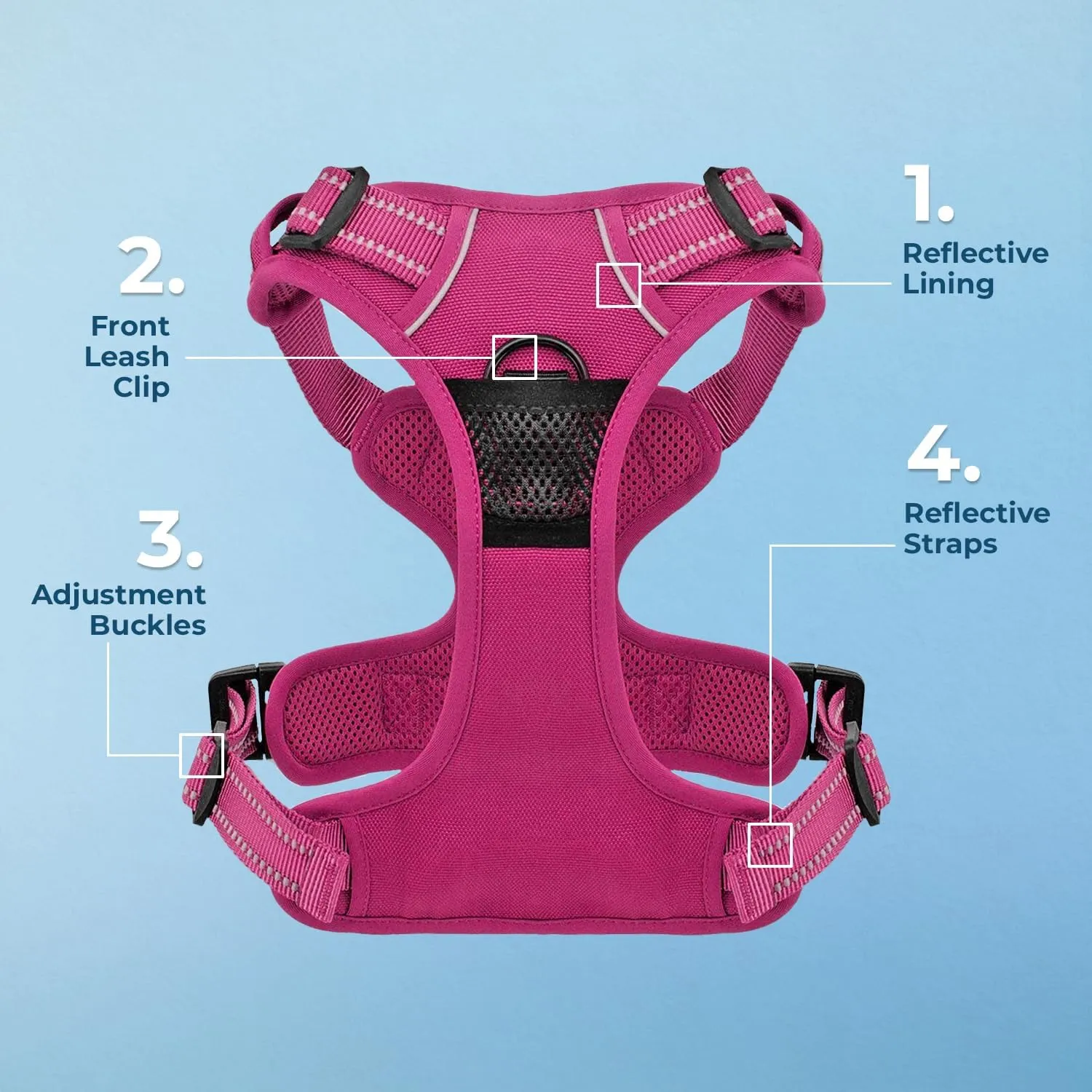 Dog Harness Dual Leash Attachment No-Pull Control Adjustable Soft but Strong Pet Harness for Medium and Large Dogs with 3M Reflective Technology - Harness Leash Set (Fuchsia), XS