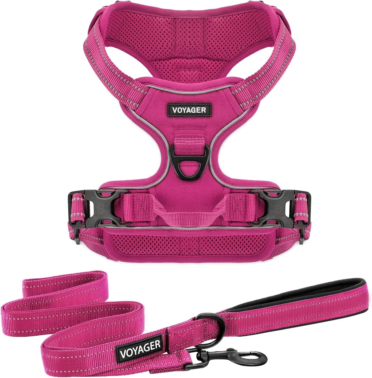 Dog Harness Dual Leash Attachment No-Pull Control Adjustable Soft but Strong Pet Harness for Medium and Large Dogs with 3M Reflective Technology - Harness Leash Set (Fuchsia), XS