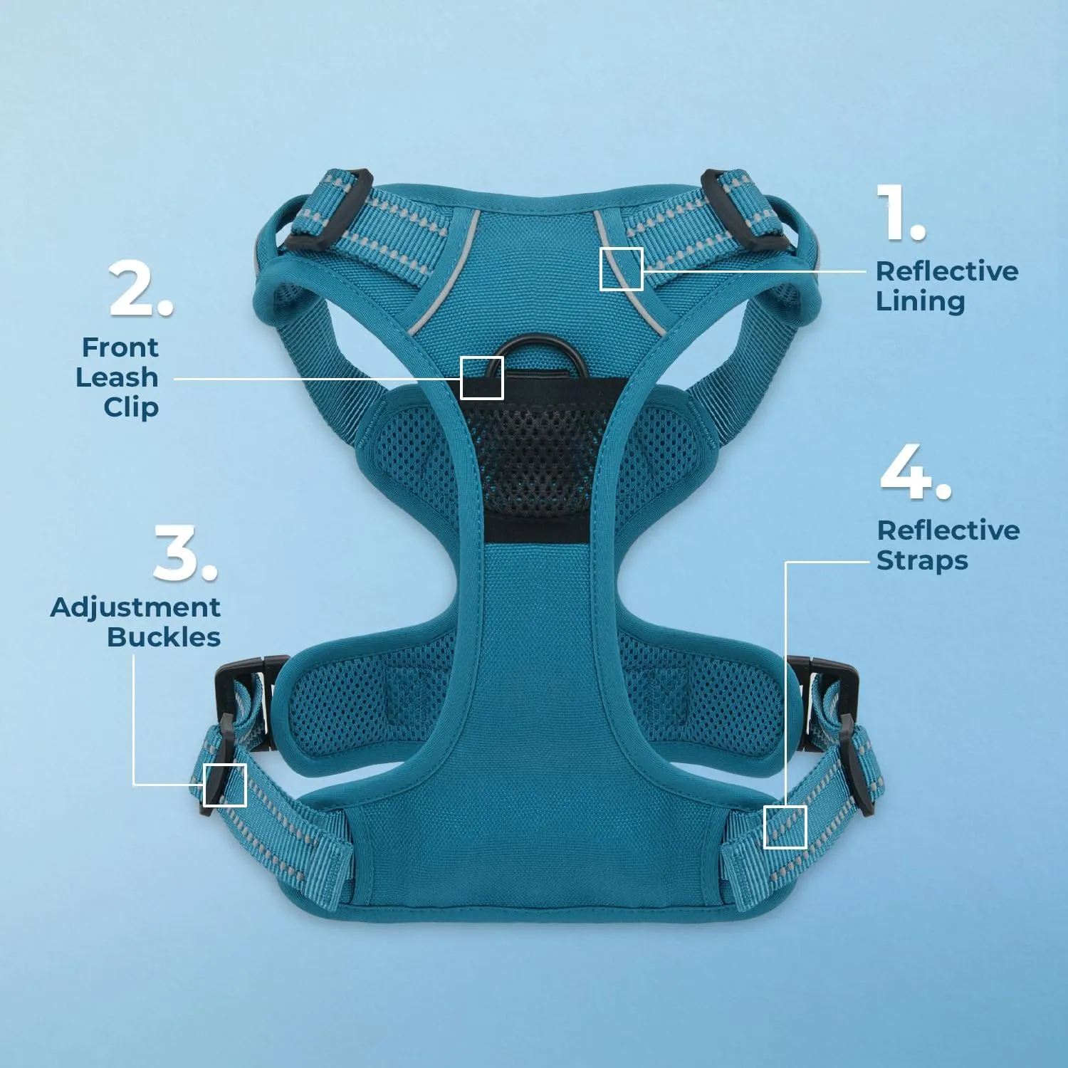 Dog Harness Dual Leash Attachment No-Pull Control Adjustable Soft but Strong Pet Harness for Medium and Large Dogs with 3M Reflective Technology - Harness Leash Set (Turquoise), S