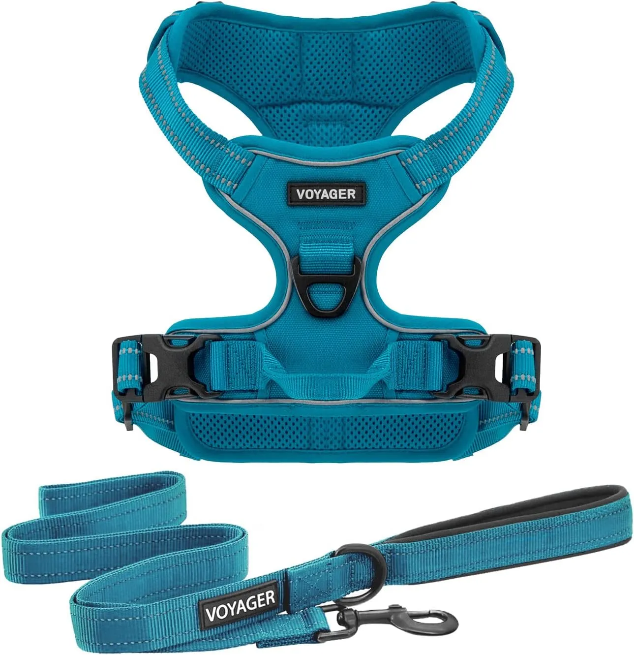 Dog Harness Dual Leash Attachment No-Pull Control Adjustable Soft but Strong Pet Harness for Medium and Large Dogs with 3M Reflective Technology - Harness Leash Set (Turquoise), S