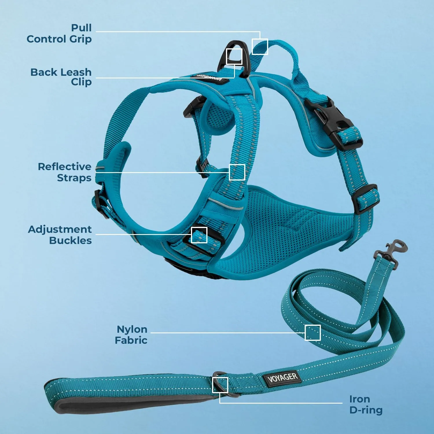 Dog Harness Dual Leash Attachment No-Pull Control Adjustable Soft but Strong Pet Harness for Medium and Large Dogs with 3M Reflective Technology - Harness Leash Set (Turquoise), S