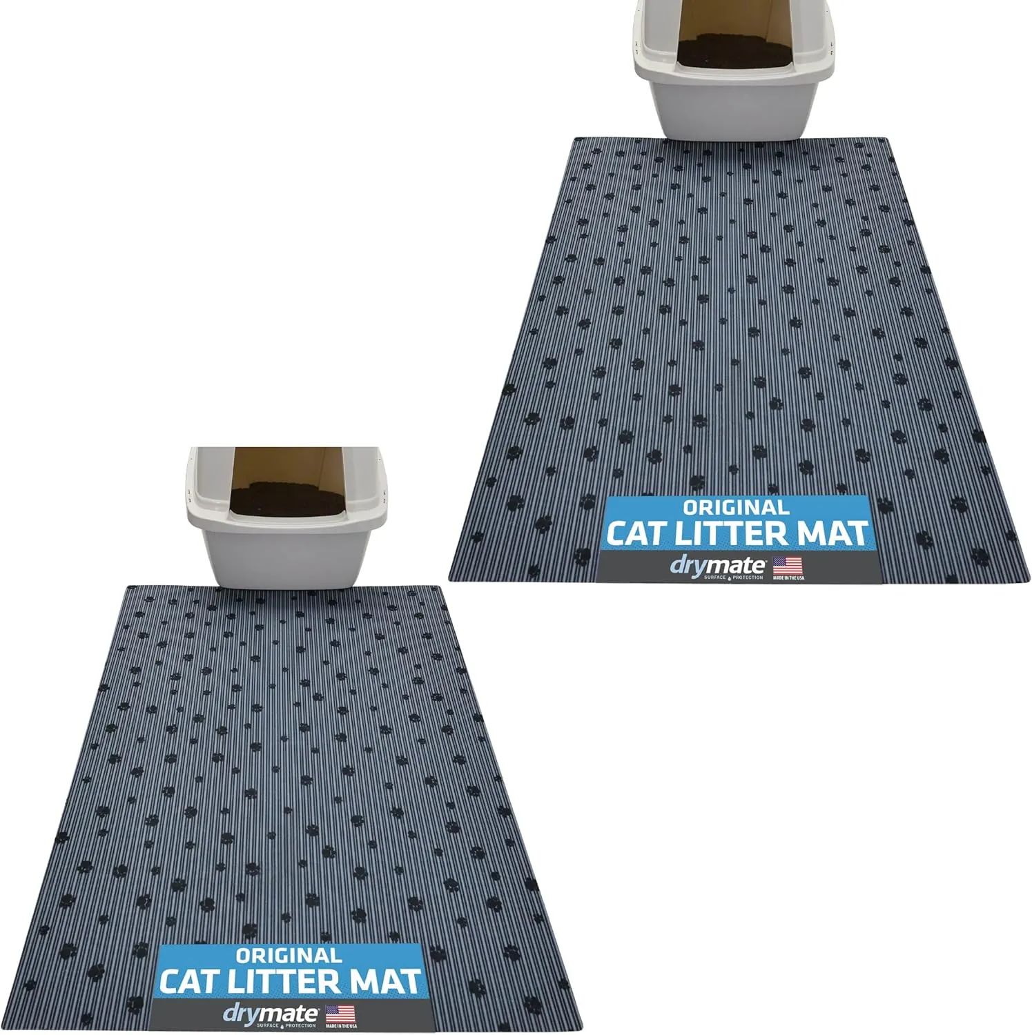 Drymate Original Cat Litter Mat, Contains Mess from Box, Protects Floors, Urine-Proof, Machine Washable, Soft on Kitty Paws, Absorbent, Waterproof (USA Made) (28x36)(GreyStripePaw)(2-Pack)