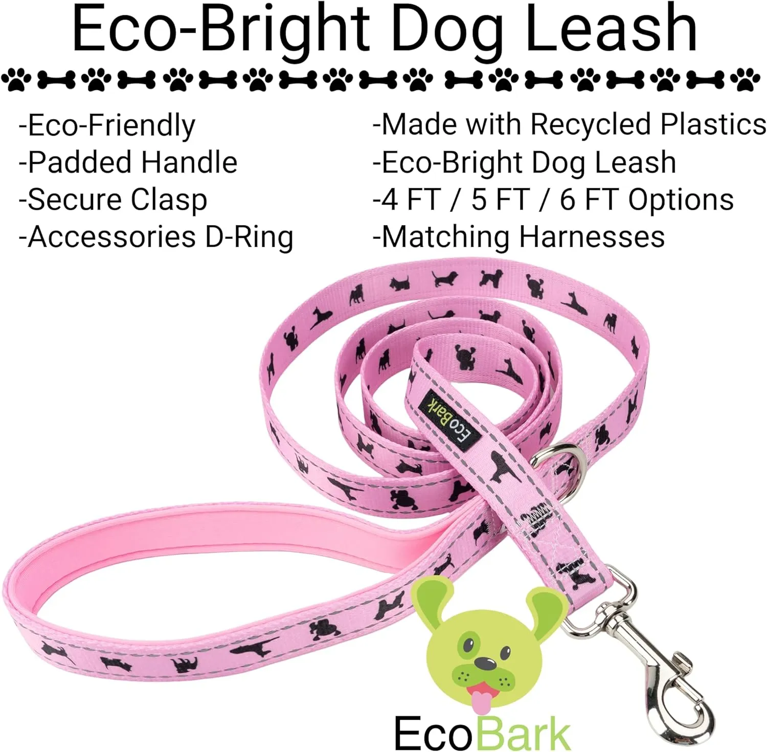 EcoBark Dog Leash - Soft & Reflective Comfort Training Leashes with Padded Handle - Strong Durable Heavy Duty - Training and Pulling for Small, Medium or Large Dogs (Baby Pink)