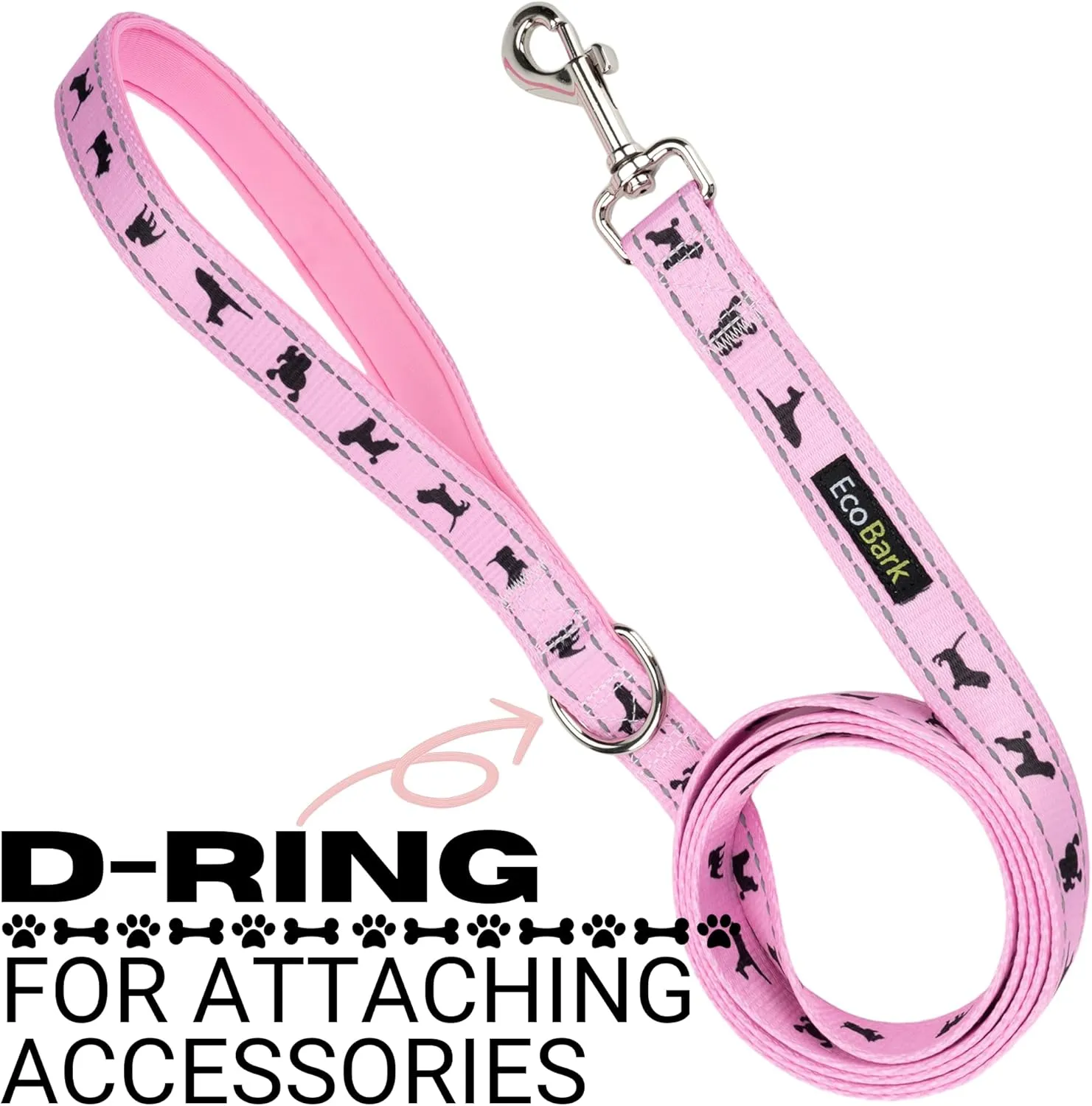 EcoBark Dog Leash - Soft & Reflective Comfort Training Leashes with Padded Handle - Strong Durable Heavy Duty - Training and Pulling for Small, Medium or Large Dogs (Baby Pink)