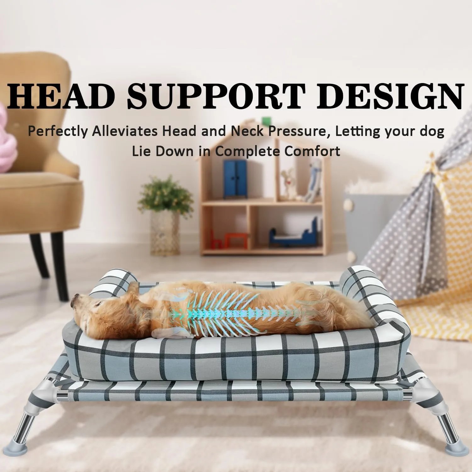 Elevated Raised Dog Bed Cot - Portable Washable Cooling Pet Bed with Metal Frame and Bolster for Indoor & Outdoor Use