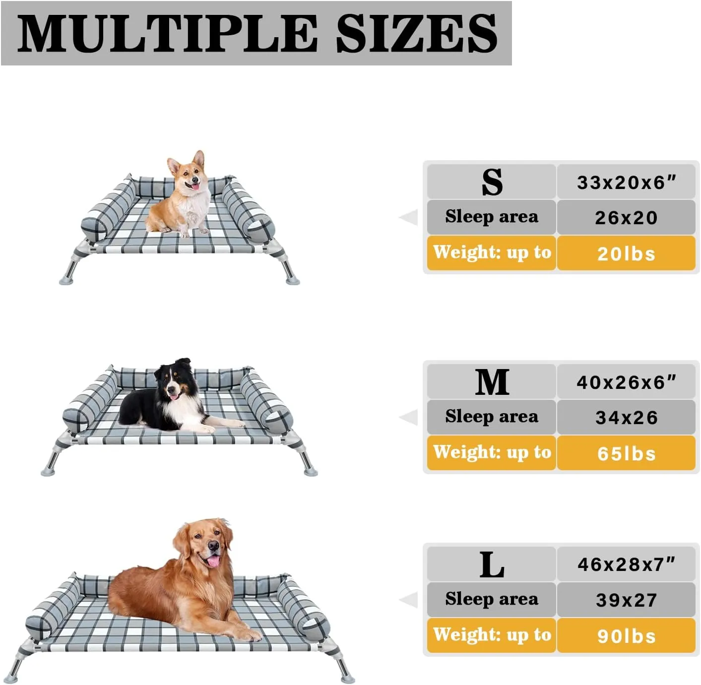 Elevated Raised Dog Bed Cot - Portable Washable Cooling Pet Bed with Metal Frame and Bolster for Indoor & Outdoor Use
