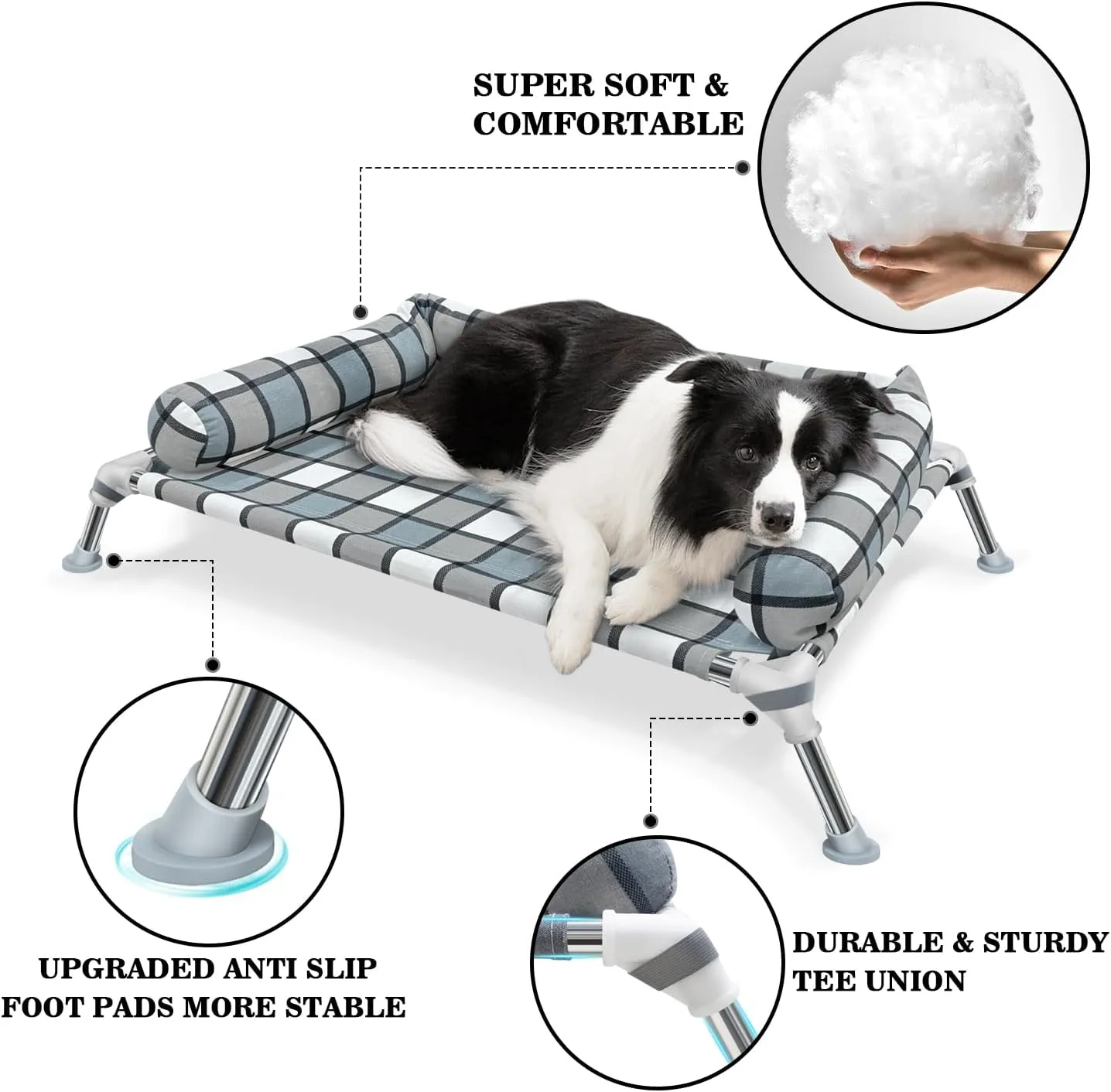 Elevated Raised Dog Bed Cot - Portable Washable Cooling Pet Bed with Metal Frame and Bolster for Indoor & Outdoor Use