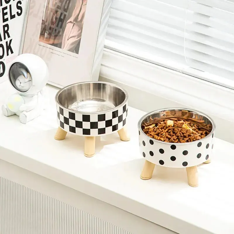 Elevated Stainless Steel Pet Bowl – Stylish Checkered Design