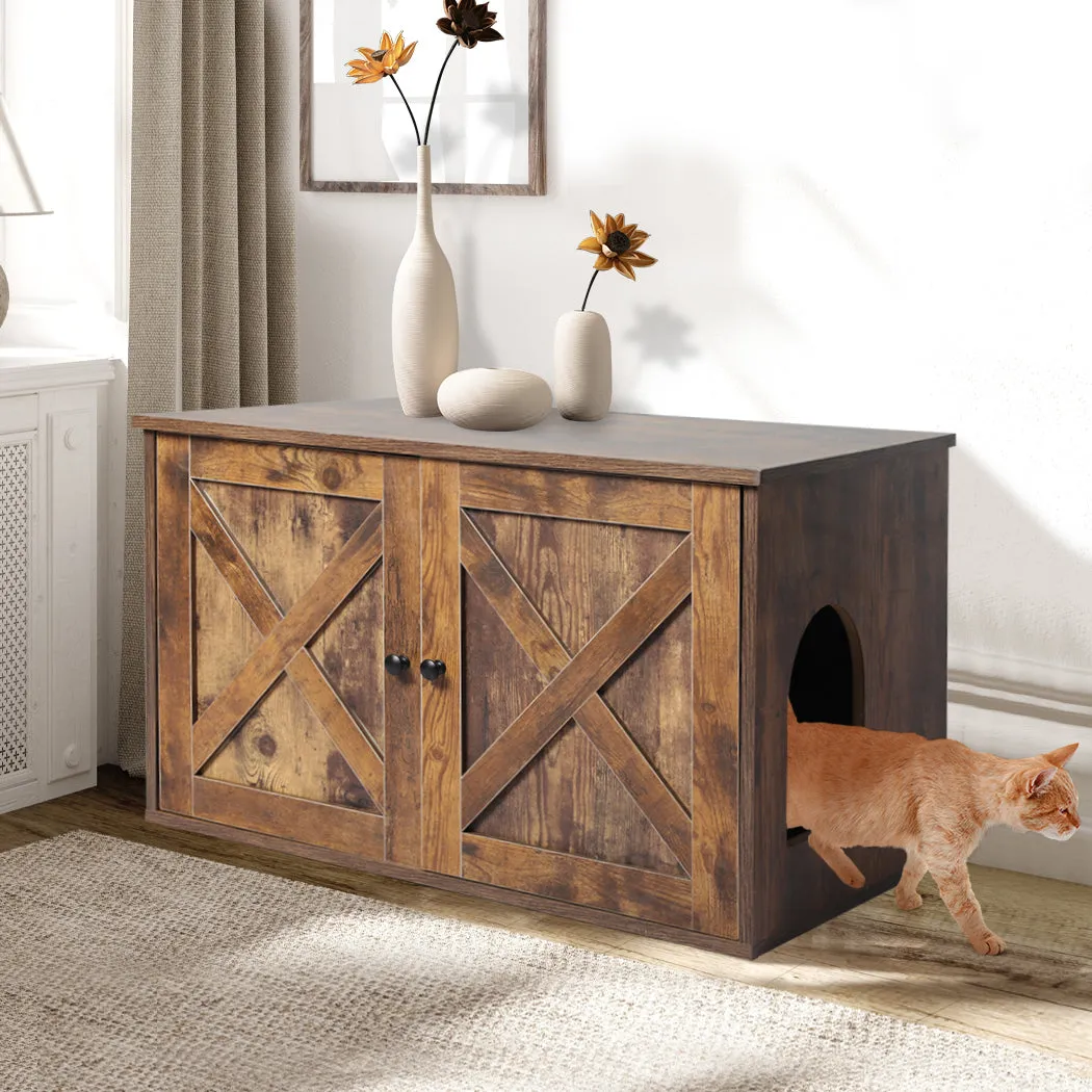 Enclosed Hooded Cat Litter Box Furniture Kitty Toilet Tray Pet House Table - Brown