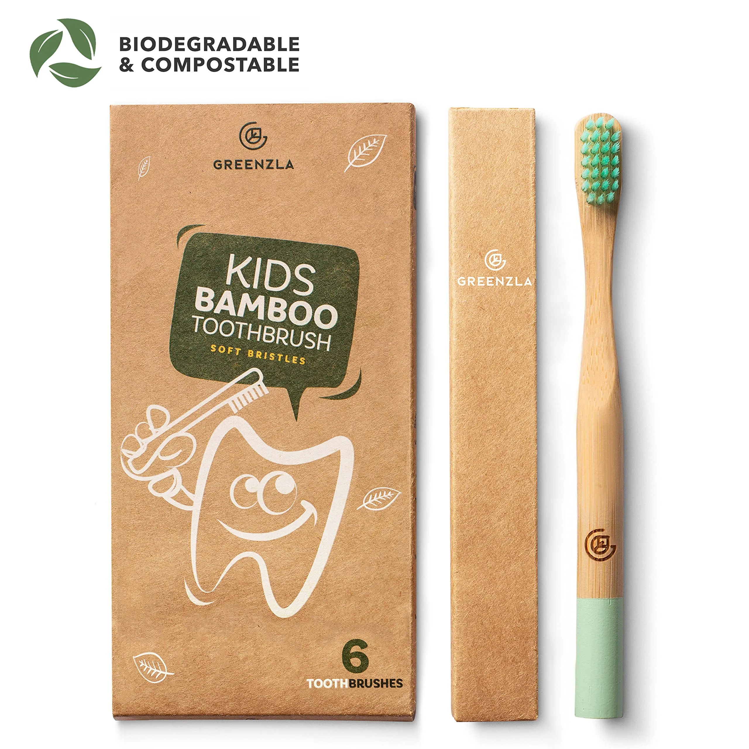 GREENZLA Kids Bamboo Toothbrushes (6 Pack) BPA Free Soft Bristles Eco-Friendly, Natural Toothbrush Set Biodegradable & Compostable Charcoal Wooden