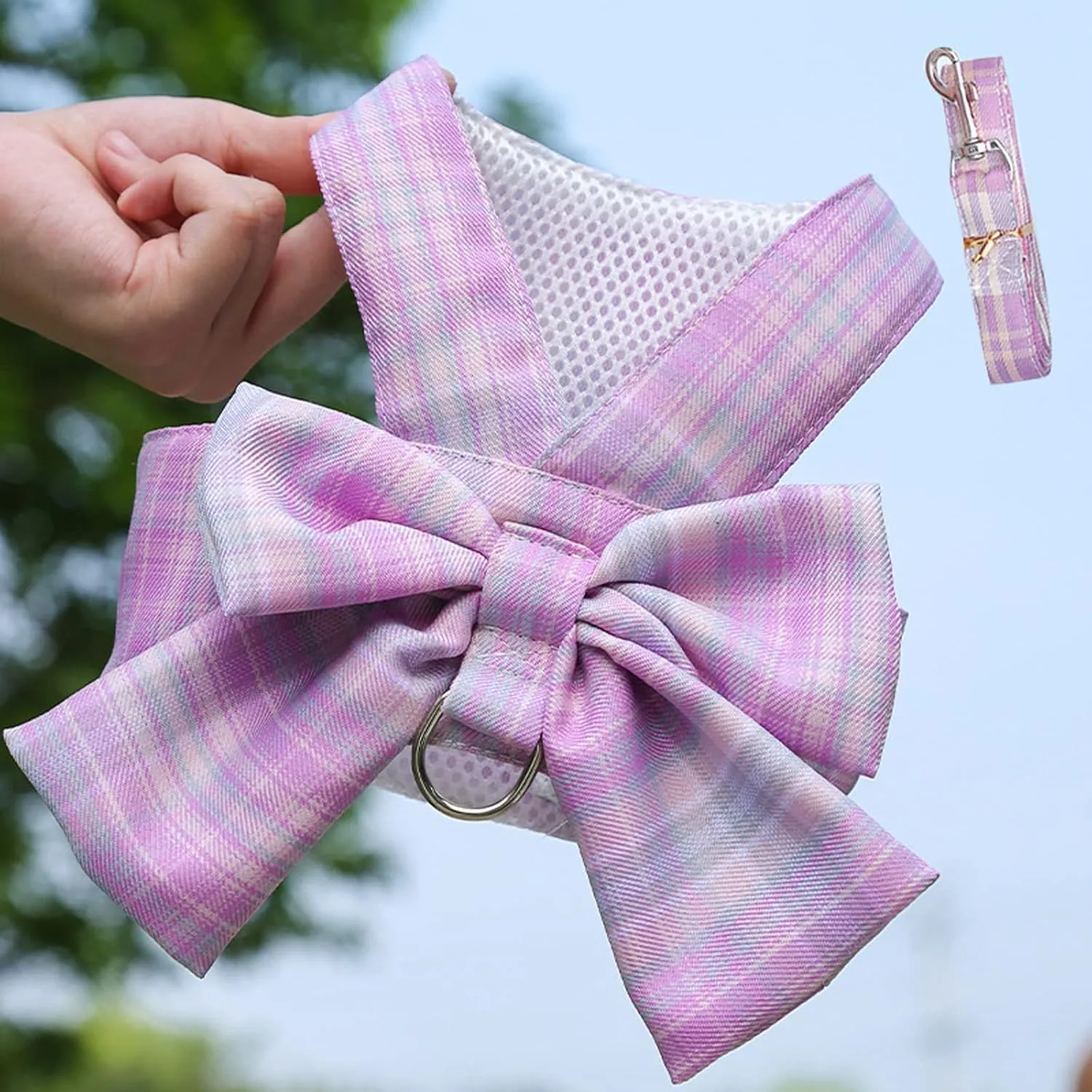 Harness and Leash Set, Cute Bow Tie Plaid Harnesses for Puppy Cat, Adjustable Pet Kitties Vest, Breathable Harness Traction Rope for Boy Girl Small Animal(Harness Light Pink,XL for 12.1-15.4lbs Dog)