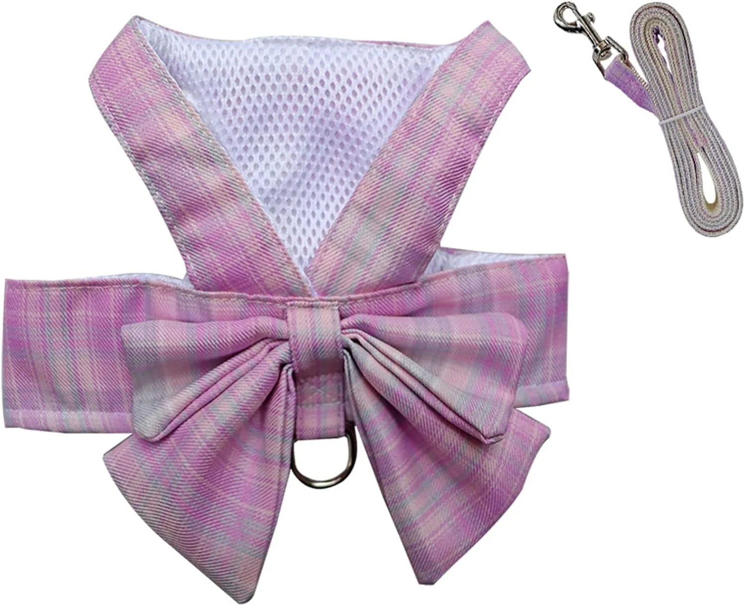 Harness and Leash Set, Cute Bow Tie Plaid Harnesses for Puppy Cat, Adjustable Pet Kitties Vest, Breathable Harness Traction Rope for Boy Girl Small Animal(Harness Light Pink,XL for 12.1-15.4lbs Dog)