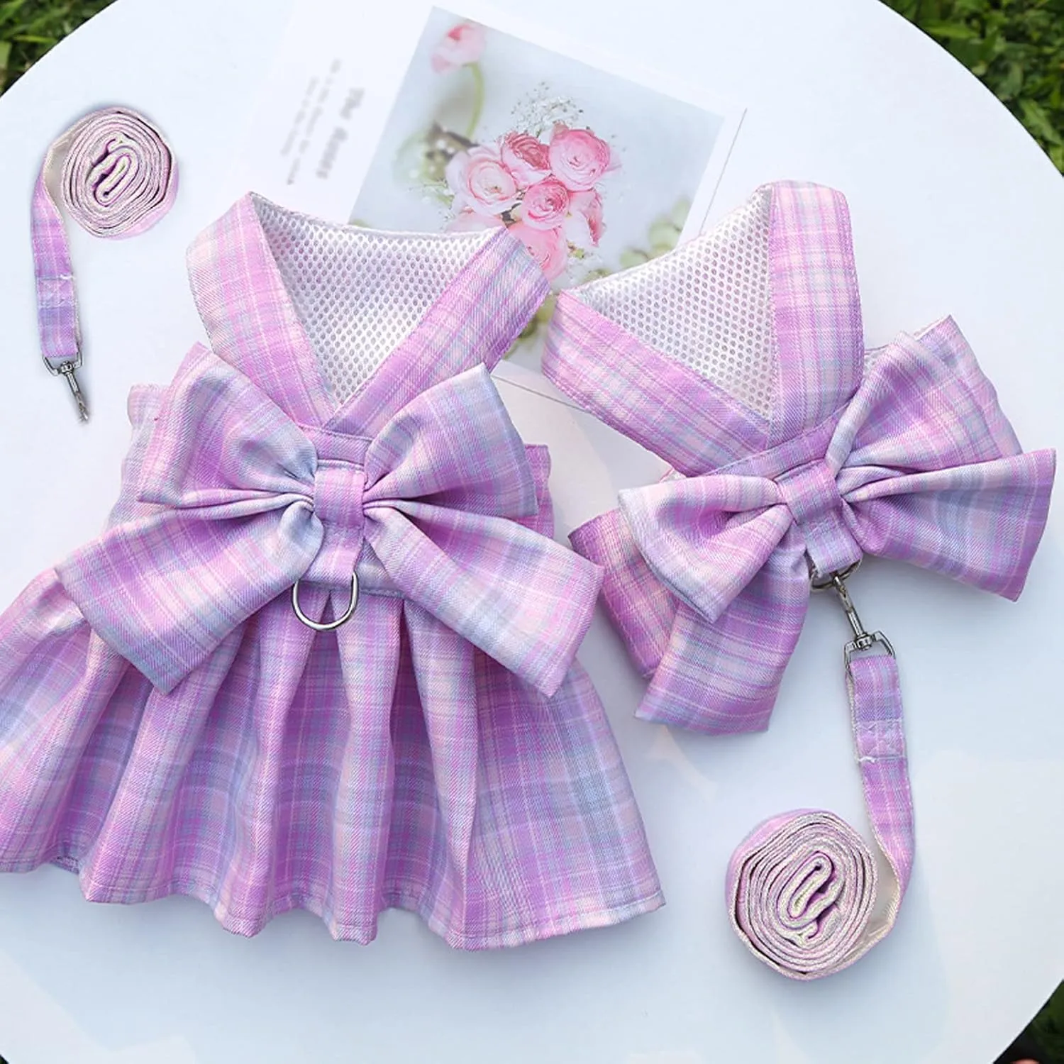Harness and Leash Set, Cute Bow Tie Plaid Harnesses for Puppy Cat, Adjustable Pet Kitties Vest, Breathable Harness Traction Rope for Boy Girl Small Animal(Harness Light Pink,XL for 12.1-15.4lbs Dog)