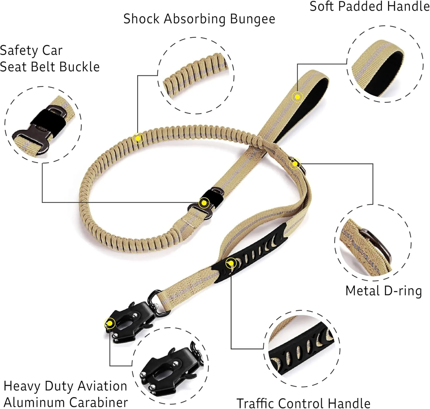 Heavy Duty Tactical Bungee Dog Leash, 4-6FT Shock Absorbing Tactical Leash with 2 Padded Handles, Metal Carabiner Clip,Car Seatbelt, Reflective Dog Leashes for Medium Large Dogs (Brown)